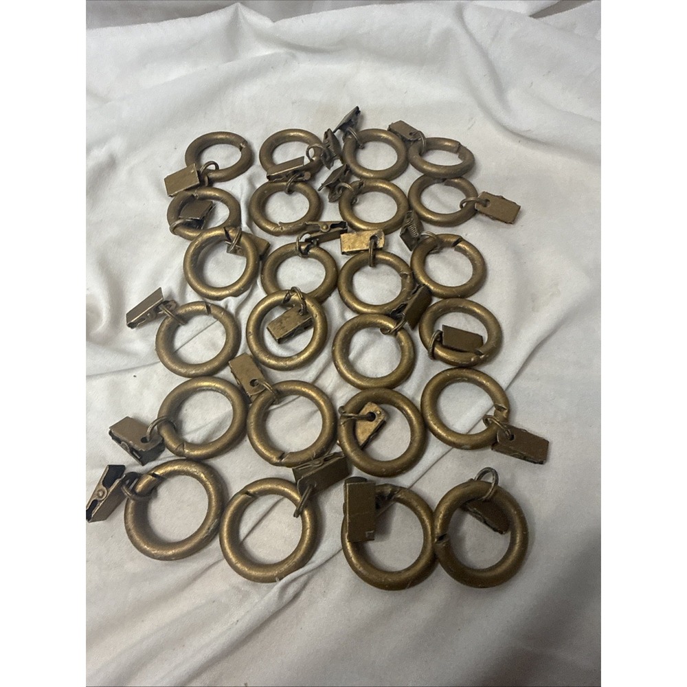 24 Antique VTG Brass Curtain Rod Rings  Clips Hardware Decor Indoor Outdoor Hang